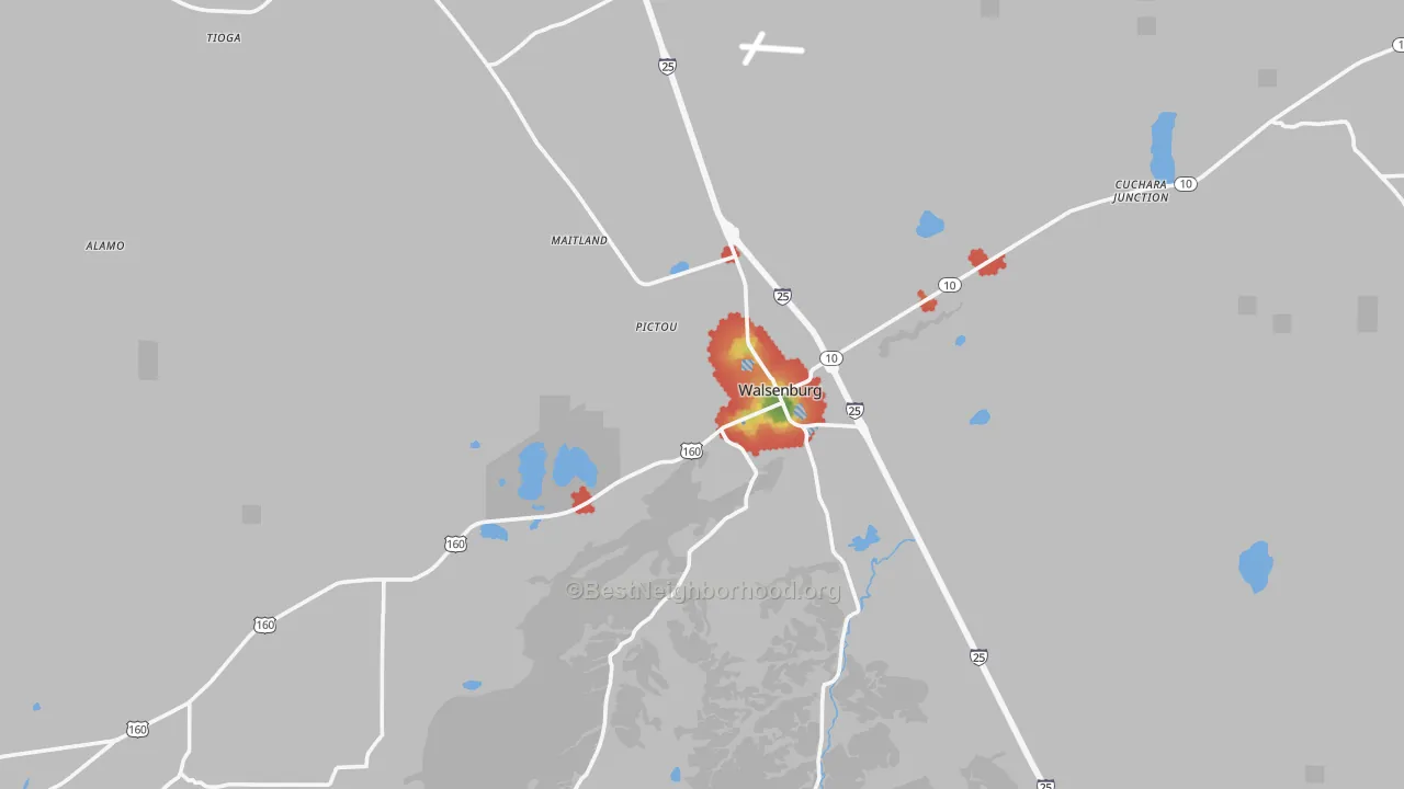 Walk Grade map of Walsenburg, CO, walkable areas in green and car-dependent areas in red