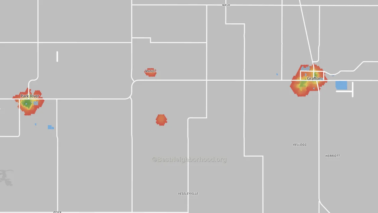 Walk Grade map of Walsh County, ND, walkable areas in green and car-dependent areas in red