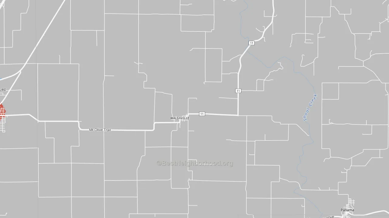 Walk Grade map of Walshville, IL, walkable areas in green and car-dependent areas in red