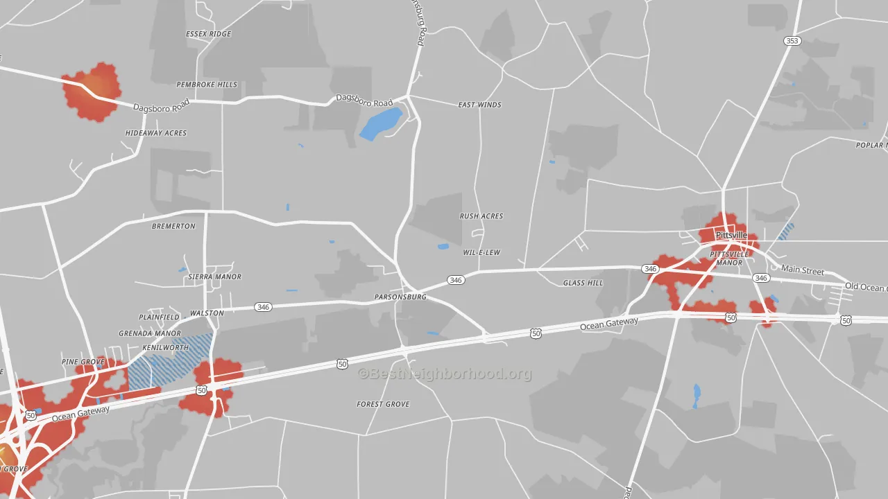 Walk Grade map of Walston, MD, walkable areas in green and car-dependent areas in red