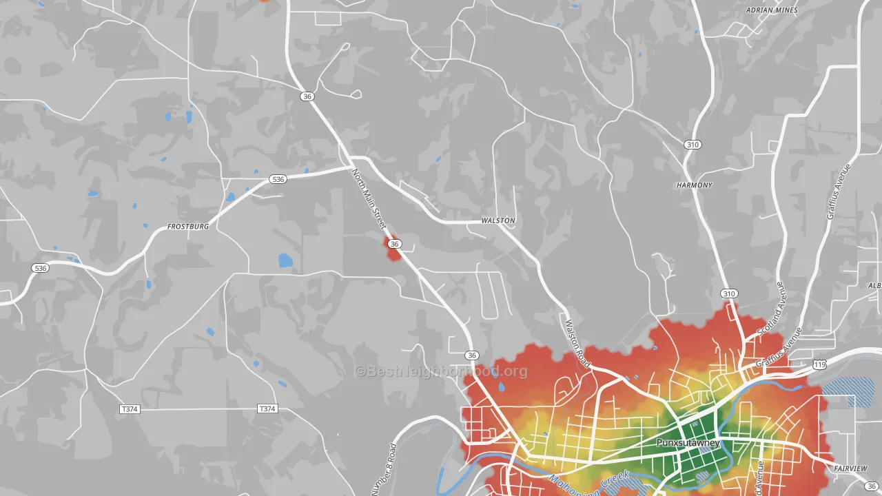 Walk Grade map of Walston, PA, walkable areas in green and car-dependent areas in red