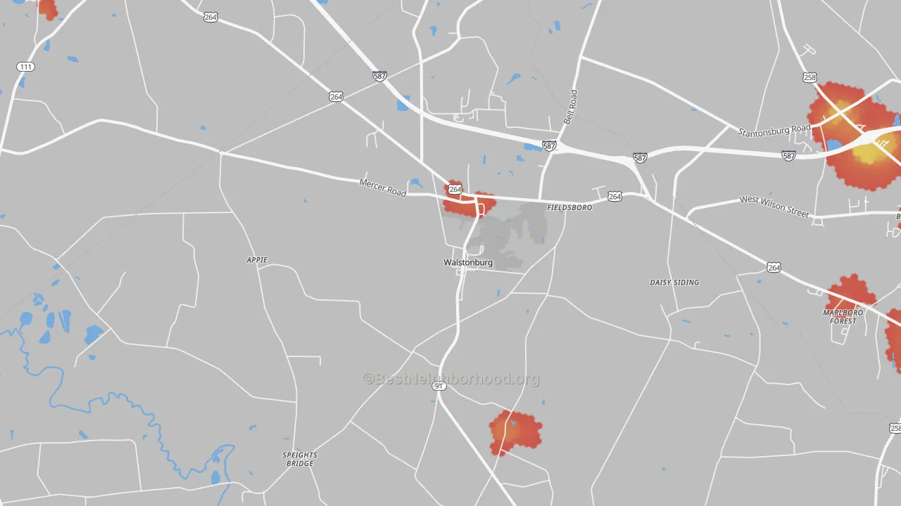 Walk Grade map of Walstonburg, NC, walkable areas in green and car-dependent areas in red