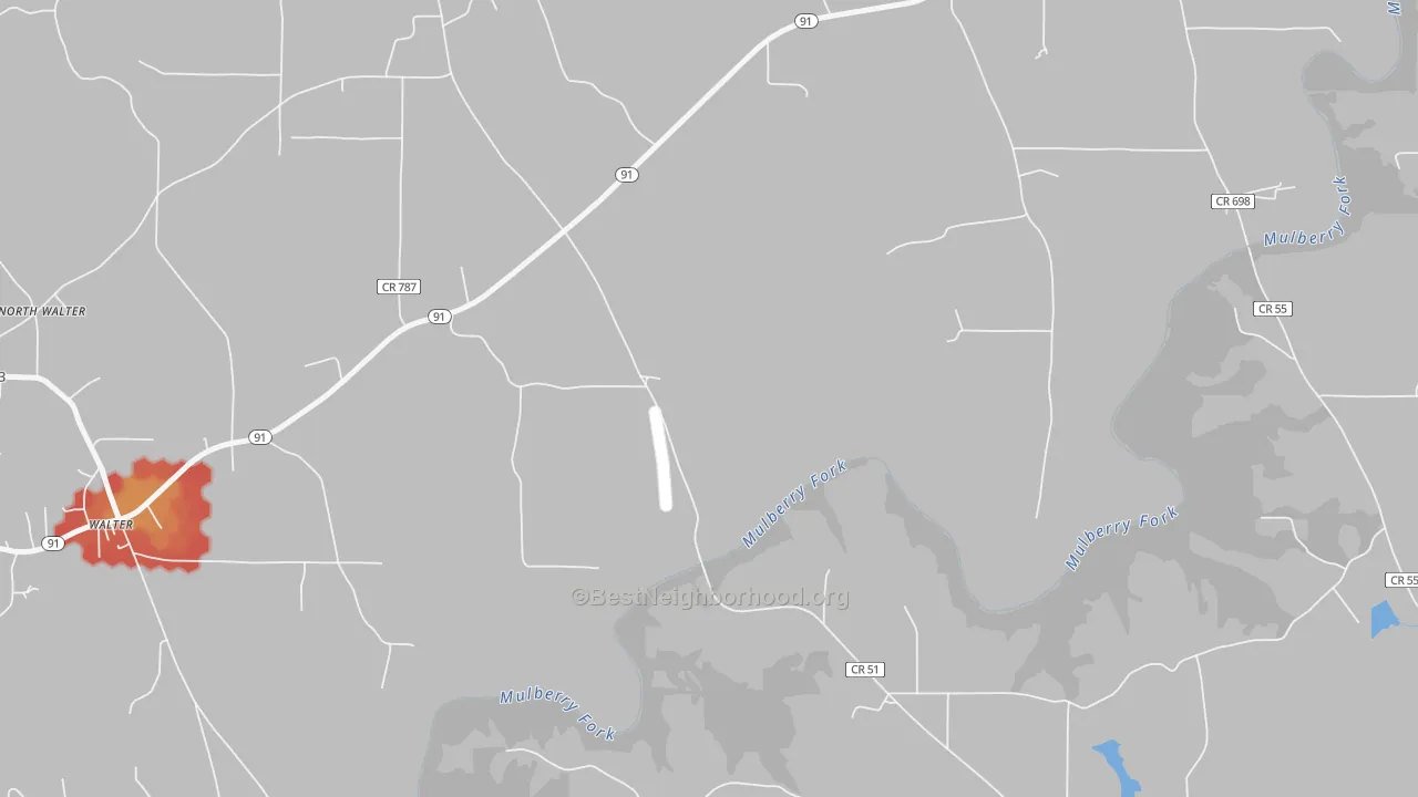 Walk Grade map of Walter, AL, walkable areas in green and car-dependent areas in red