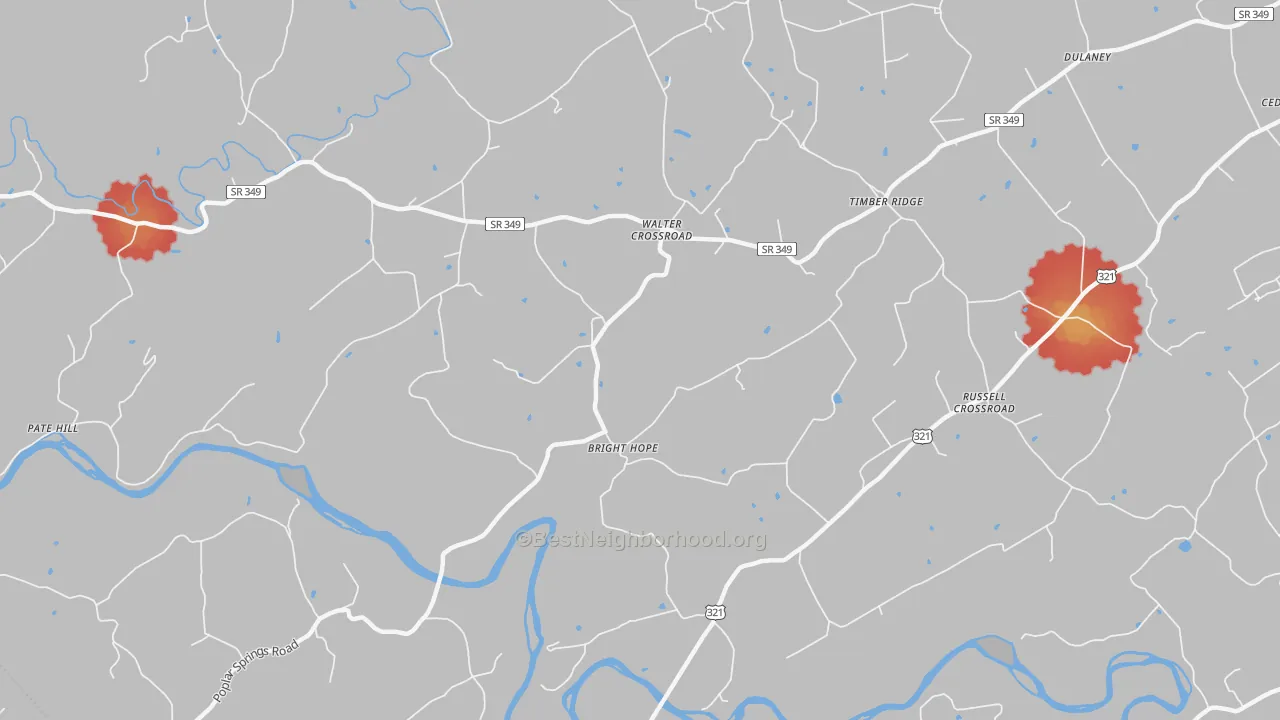 Walk Grade map of Walter Crossroad, TN, walkable areas in green and car-dependent areas in red