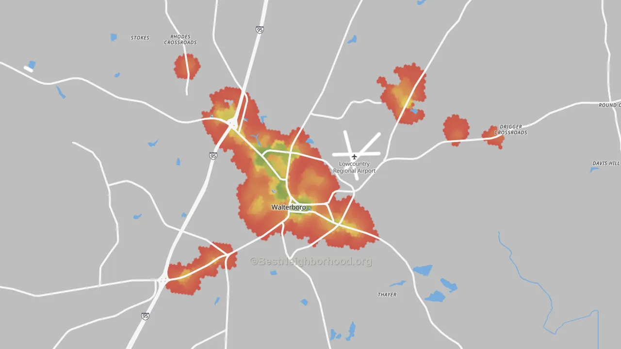 Walk Grade map of Walterboro, SC, walkable areas in green and car-dependent areas in red
