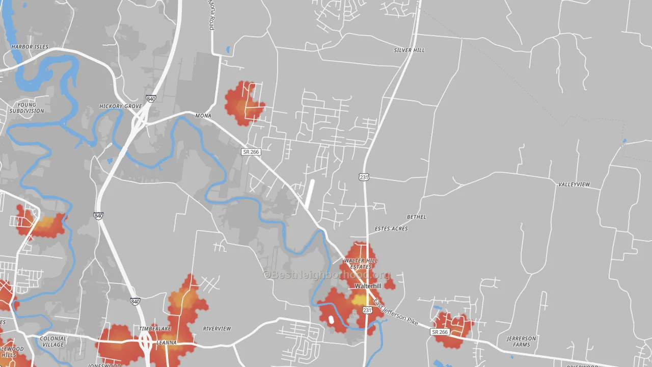 Walk Grade map of Walterhill, TN, walkable areas in green and car-dependent areas in red