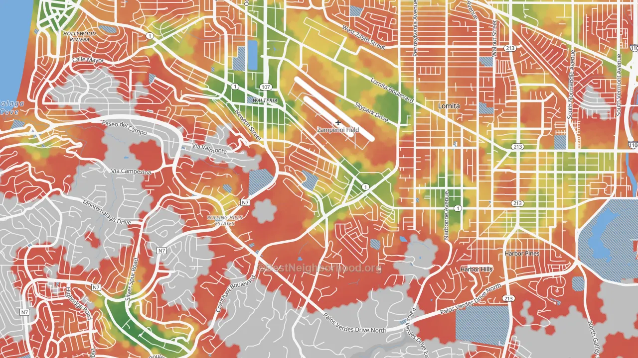 Walk Grade map of Walteria, Torrance, CA, walkable areas in green and car-dependent areas in red