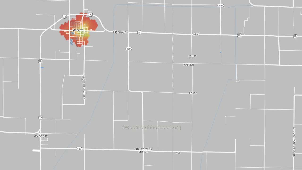 Walk Grade map of Walters, AR, walkable areas in green and car-dependent areas in red