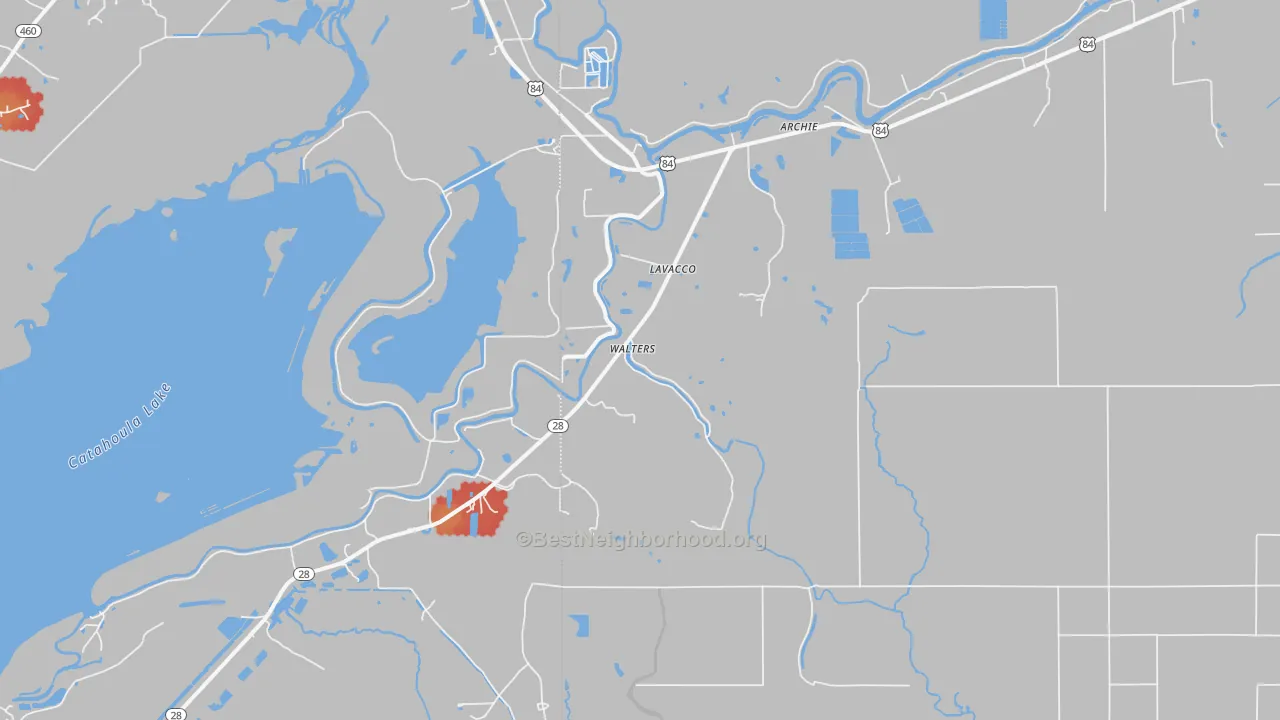 Walk Grade map of Walters, LA, walkable areas in green and car-dependent areas in red