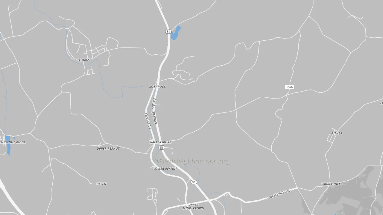 Walk Grade map of Waltersburg, PA, walkable areas in green and car-dependent areas in red
