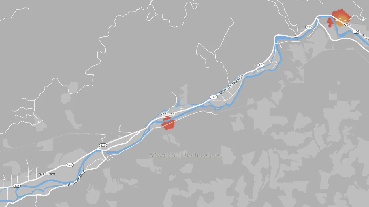 Walk Grade map of Walterville, OR, walkable areas in green and car-dependent areas in red