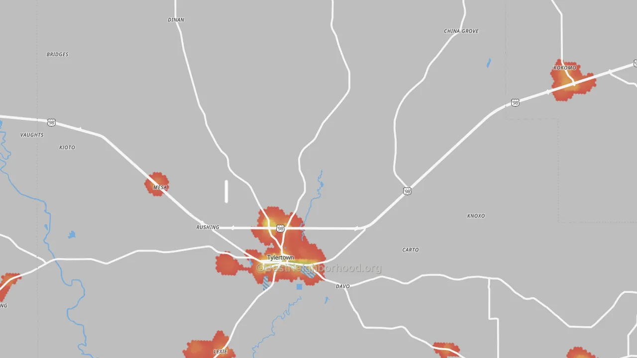 Walk Grade map of Walthall County, MS, walkable areas in green and car-dependent areas in red