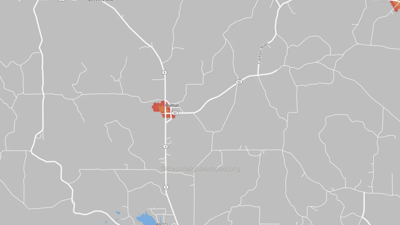 Walk Grade map of Walthall, MS, walkable areas in green and car-dependent areas in red
