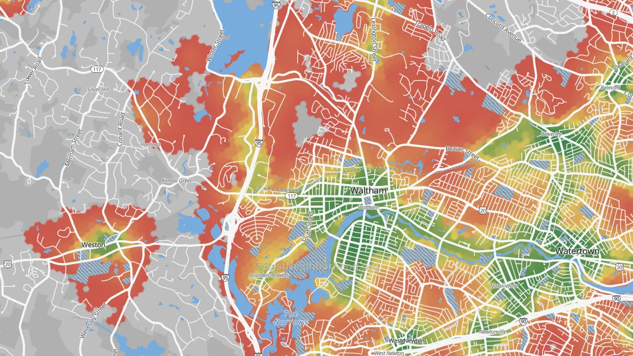 Walk Grade map of Waltham Highlands, Waltham, MA, walkable areas in green and car-dependent areas in red