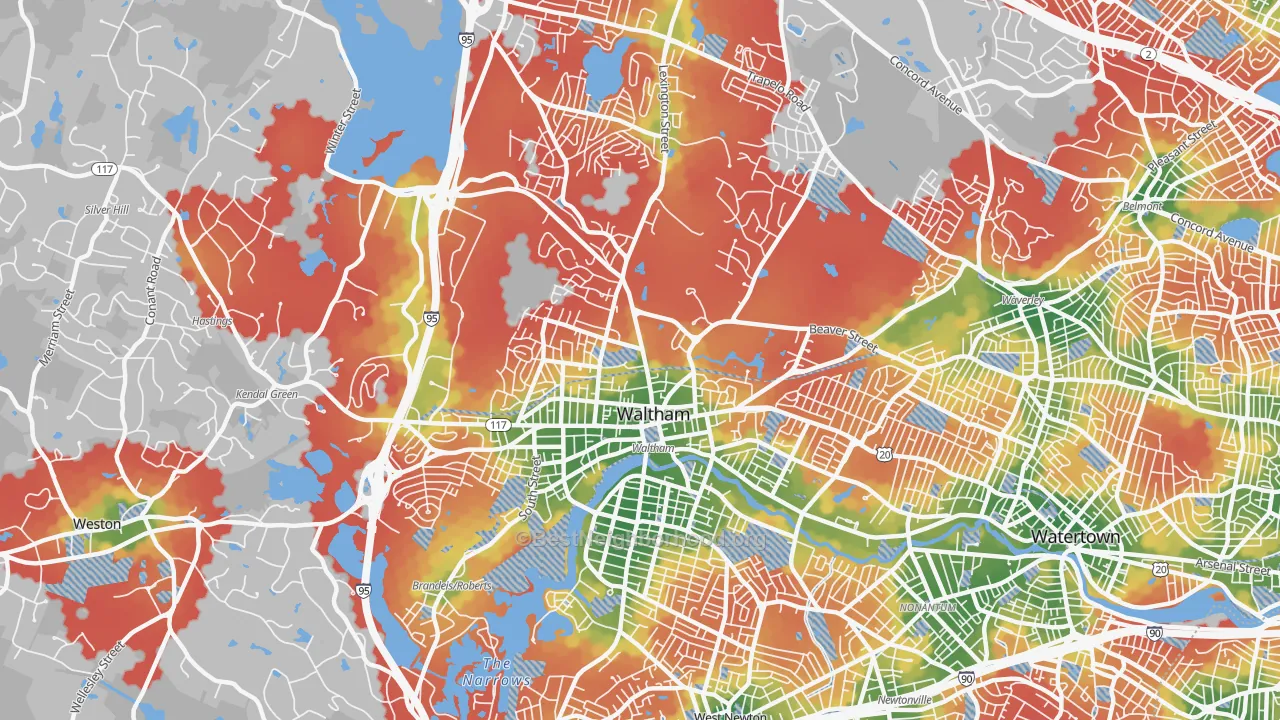 Walk Grade map of Waltham, MA, walkable areas in green and car-dependent areas in red
