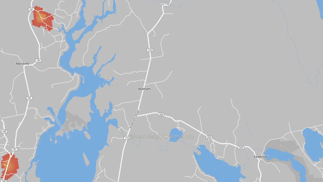Walk Grade map of Waltham, ME, walkable areas in green and car-dependent areas in red