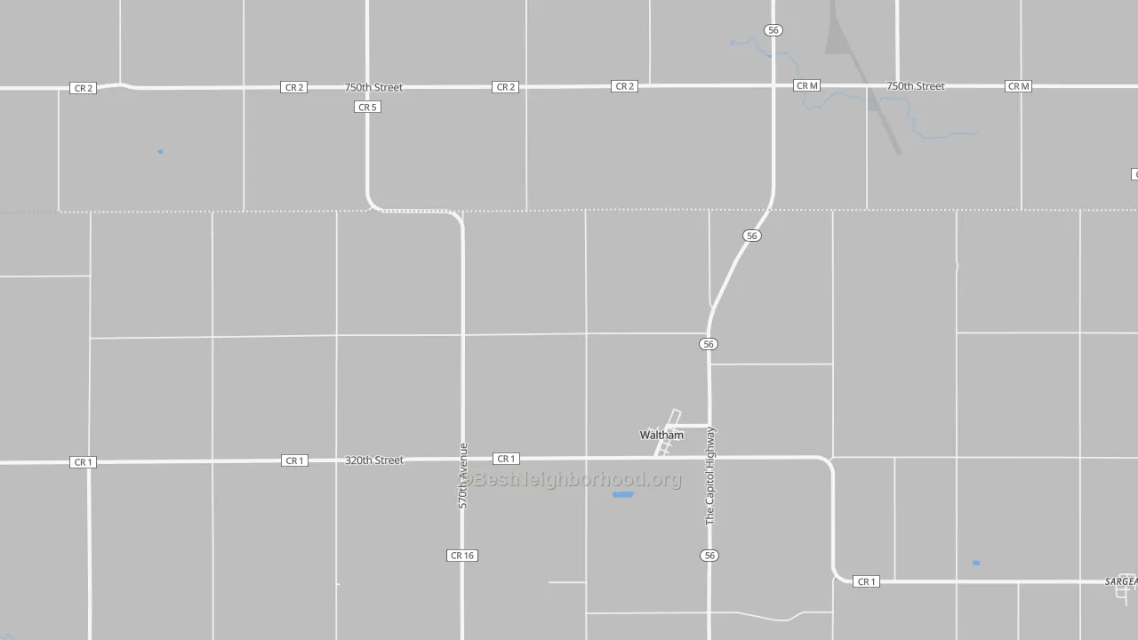 Walk Grade map of Waltham, MN, walkable areas in green and car-dependent areas in red