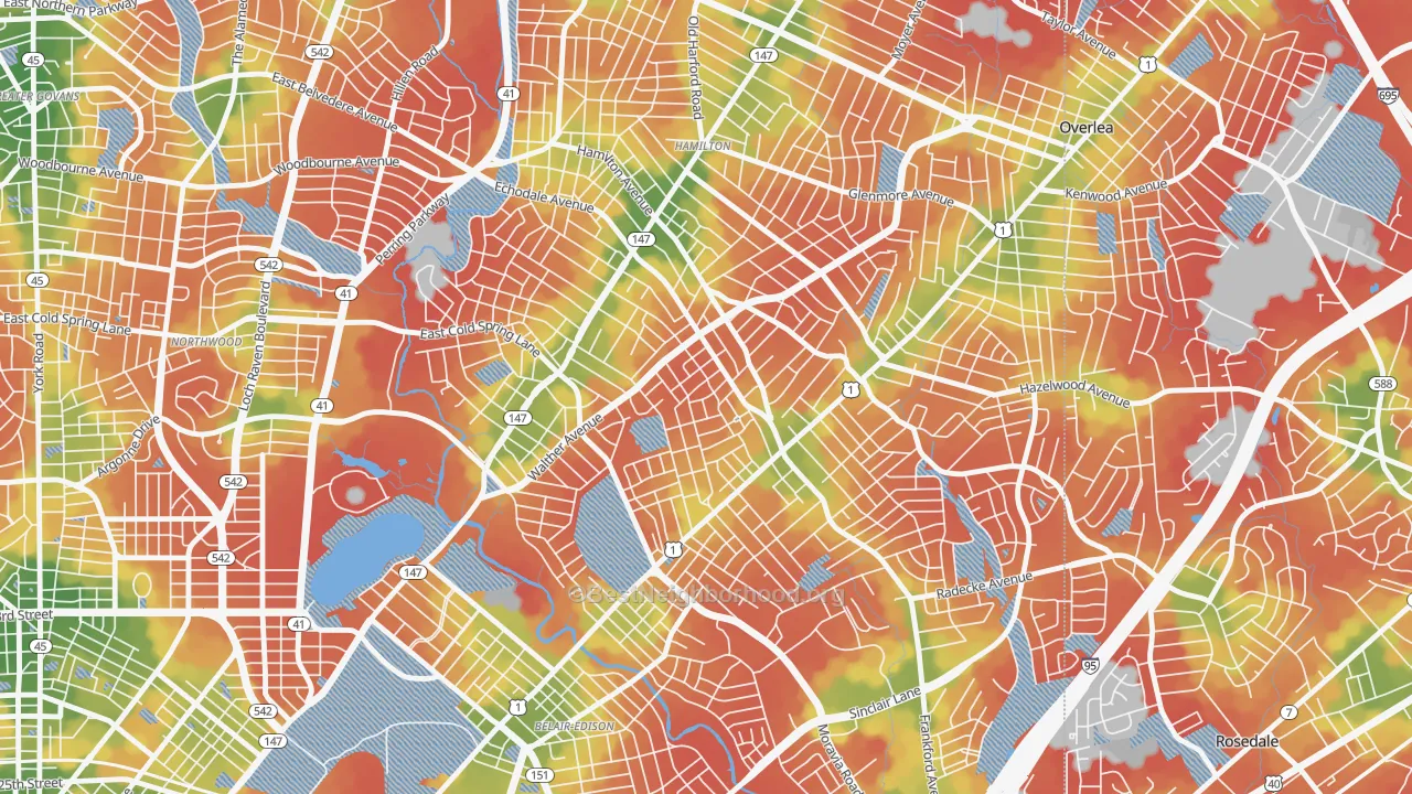 Walk Grade map of Waltherson, Baltimore, MD, walkable areas in green and car-dependent areas in red