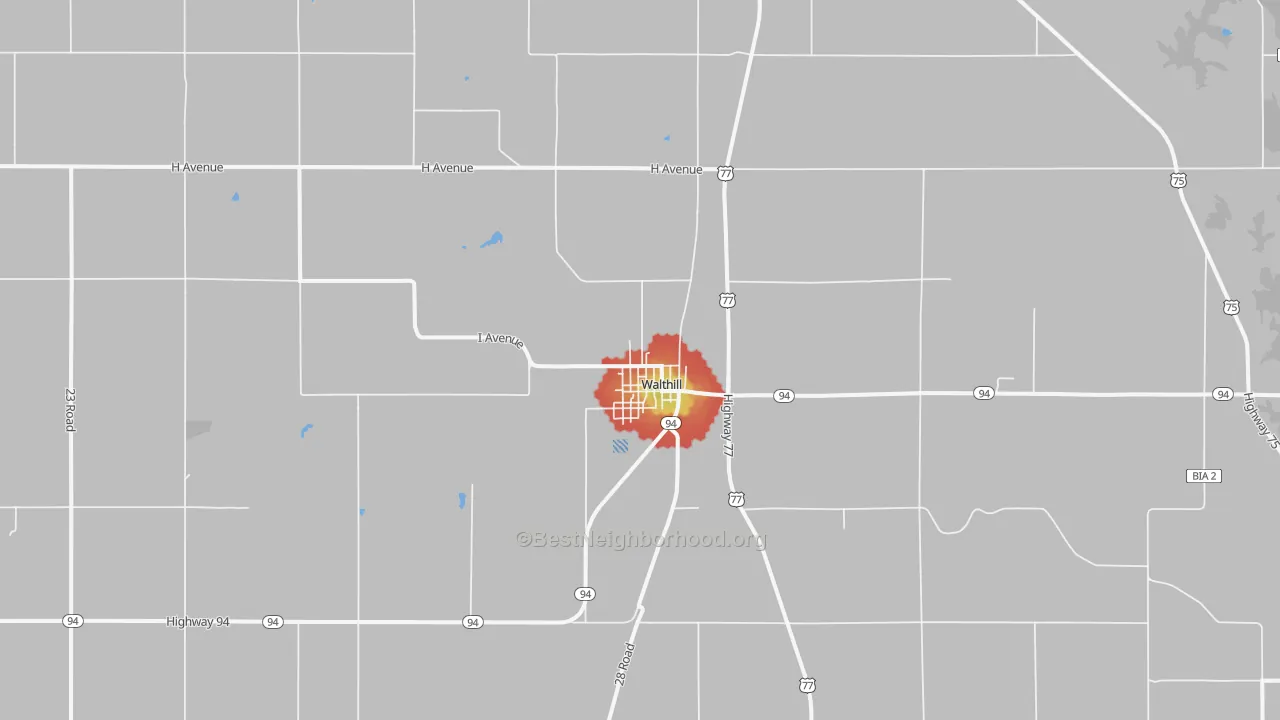 Walk Grade map of Walthill, NE, walkable areas in green and car-dependent areas in red