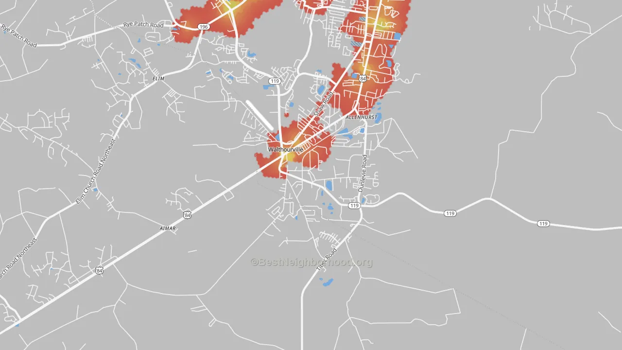 Walk Grade map of Walthourville, GA, walkable areas in green and car-dependent areas in red