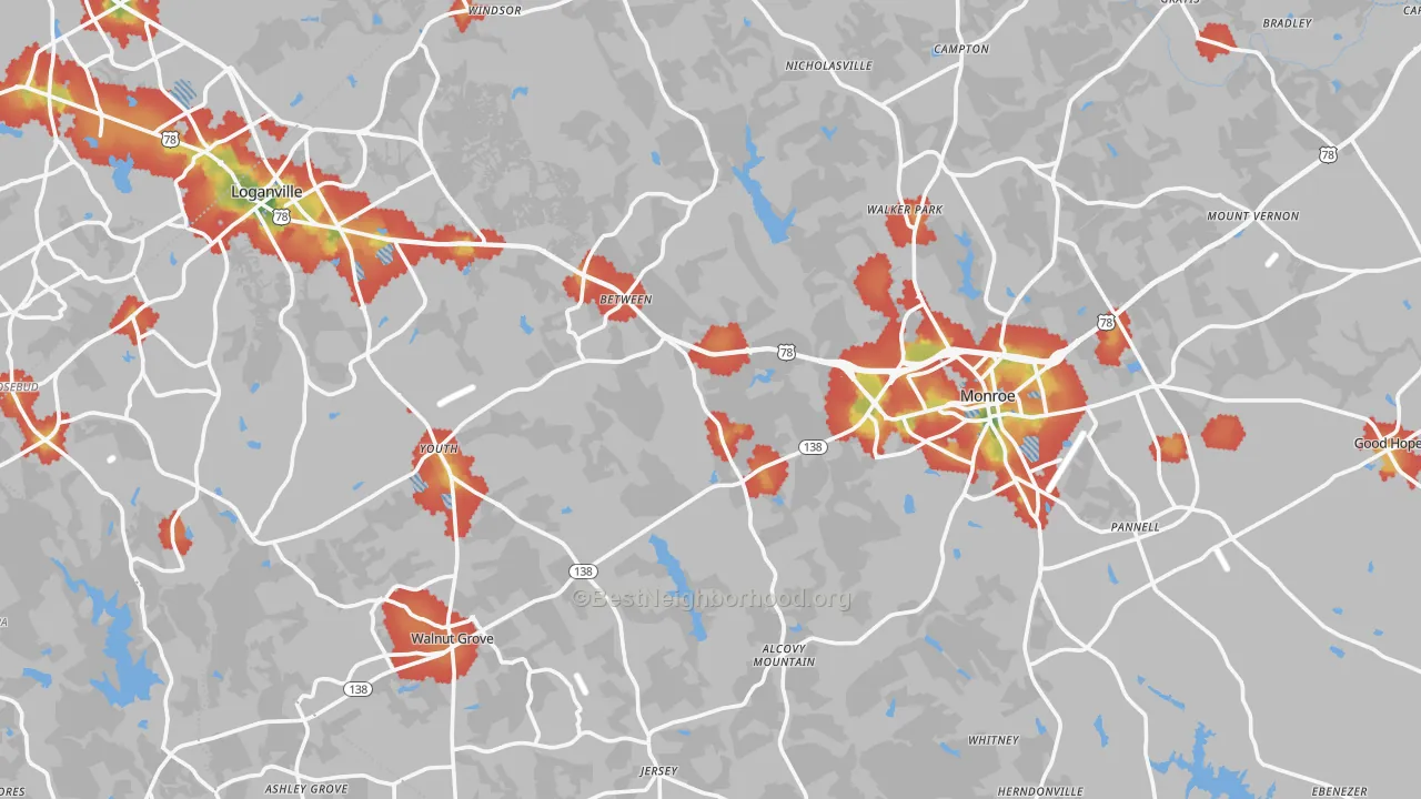 Walk Grade map of Walton County, GA, walkable areas in green and car-dependent areas in red