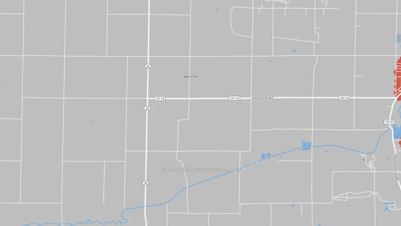 Walk Grade map of Walton, IL, walkable areas in green and car-dependent areas in red