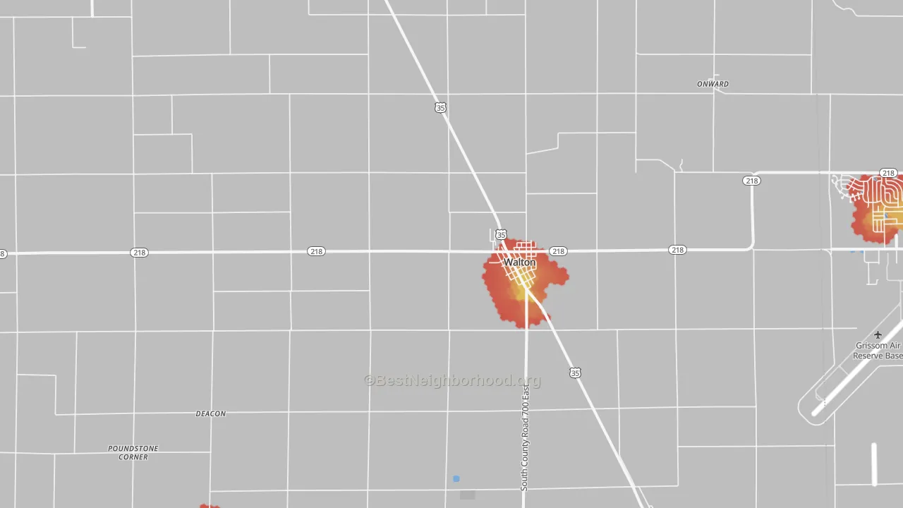 Walk Grade map of Walton, IN, walkable areas in green and car-dependent areas in red