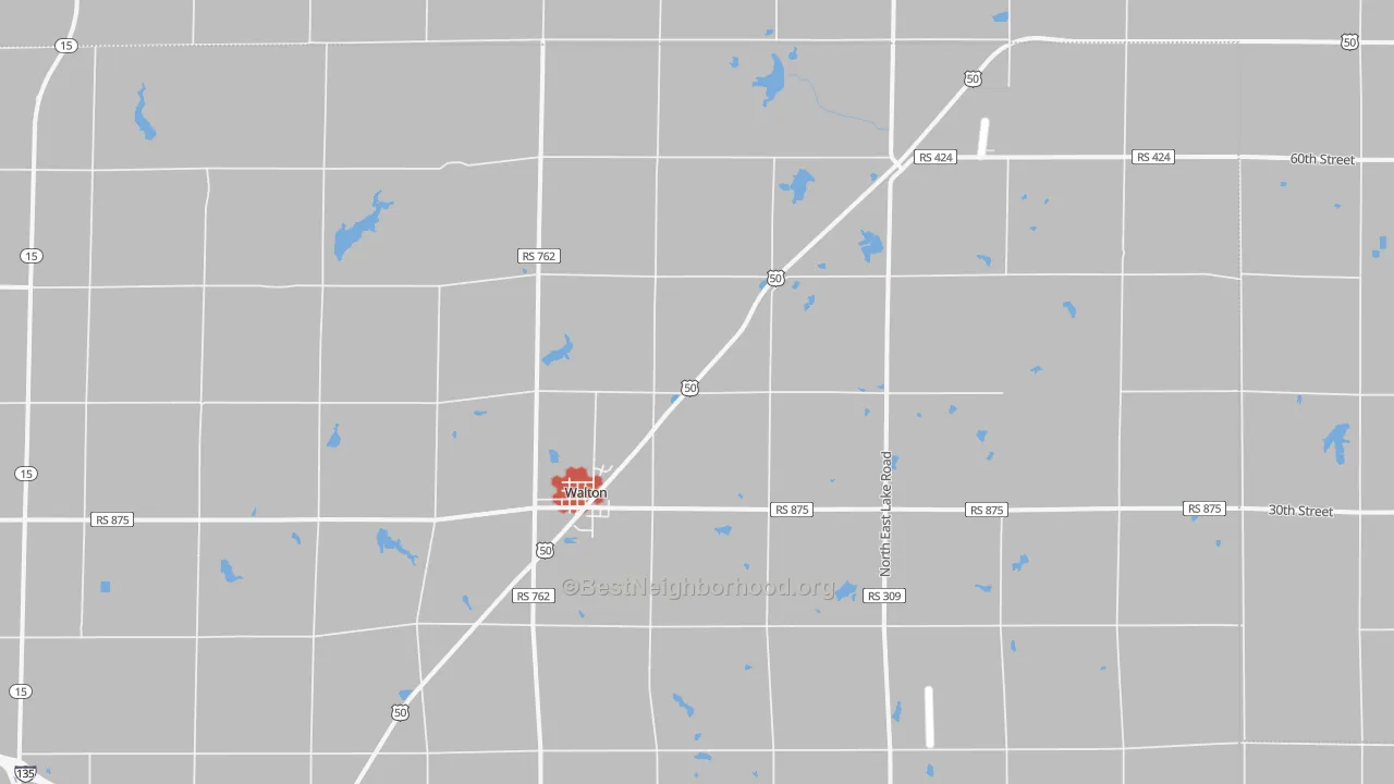Walk Grade map of Walton, KS, walkable areas in green and car-dependent areas in red