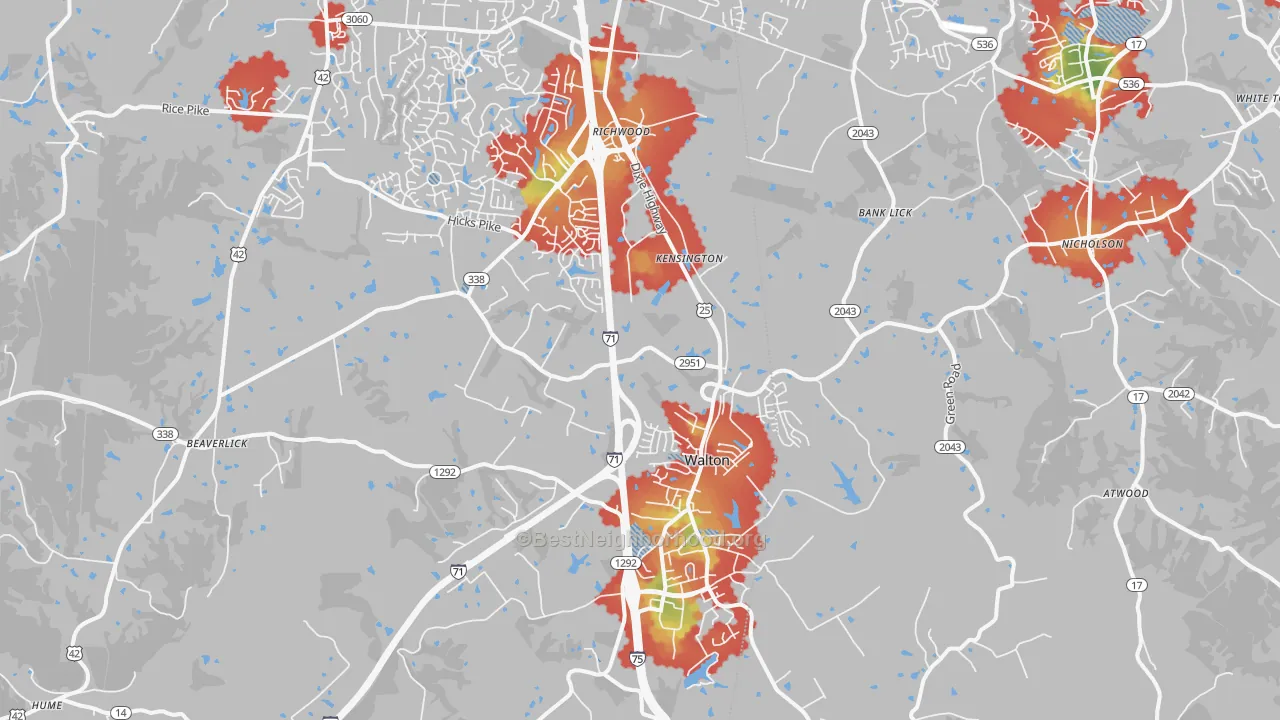 Walk Grade map of Walton, KY, walkable areas in green and car-dependent areas in red