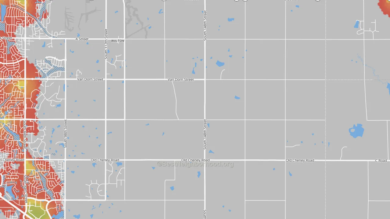 Walk Grade map of Walton, NE, walkable areas in green and car-dependent areas in red