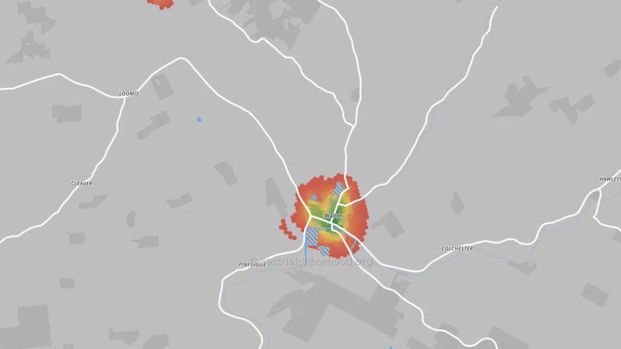 Walk Grade map of Walton, NY, walkable areas in green and car-dependent areas in red