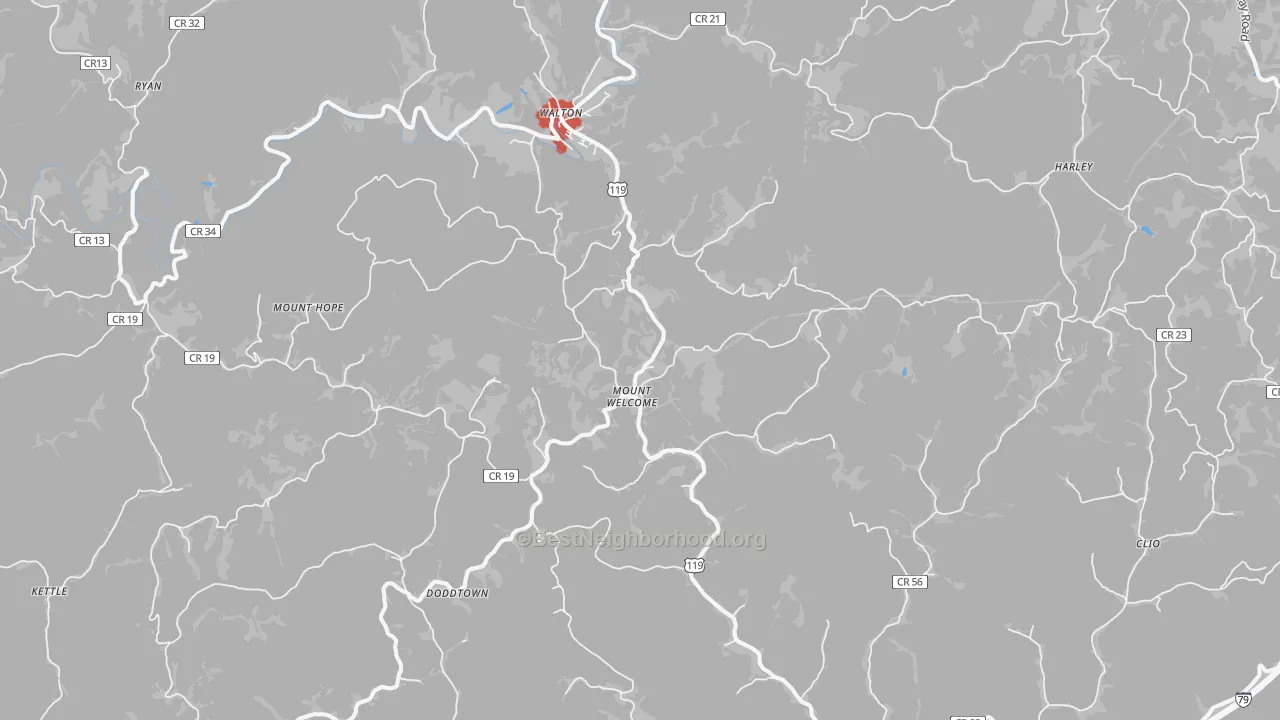 Walk Grade map of Walton, WV, walkable areas in green and car-dependent areas in red