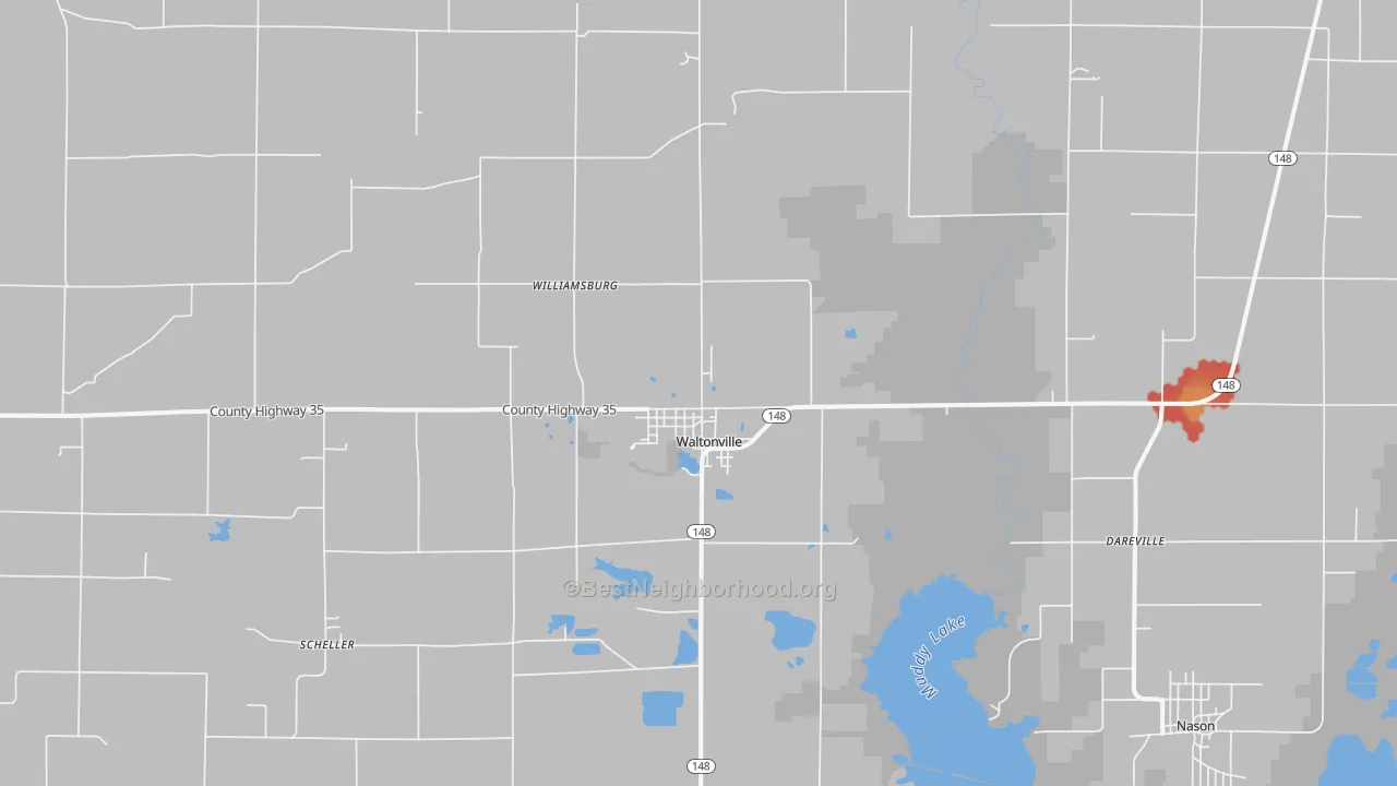 Walk Grade map of Waltonville, IL, walkable areas in green and car-dependent areas in red