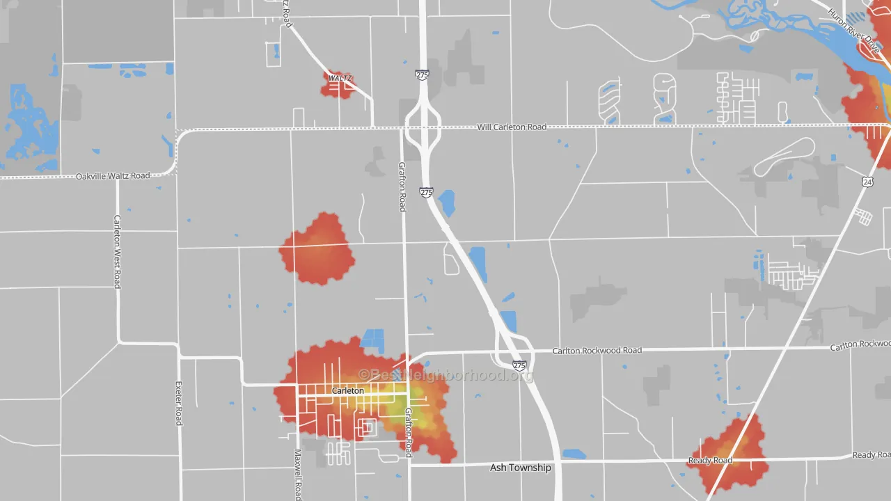 Walk Grade map of Waltz, MI, walkable areas in green and car-dependent areas in red