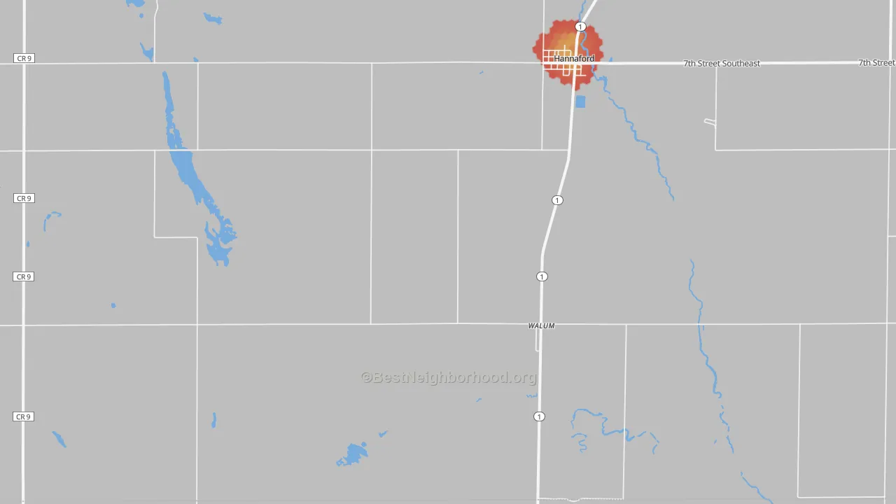 Walk Grade map of Walum, ND, walkable areas in green and car-dependent areas in red