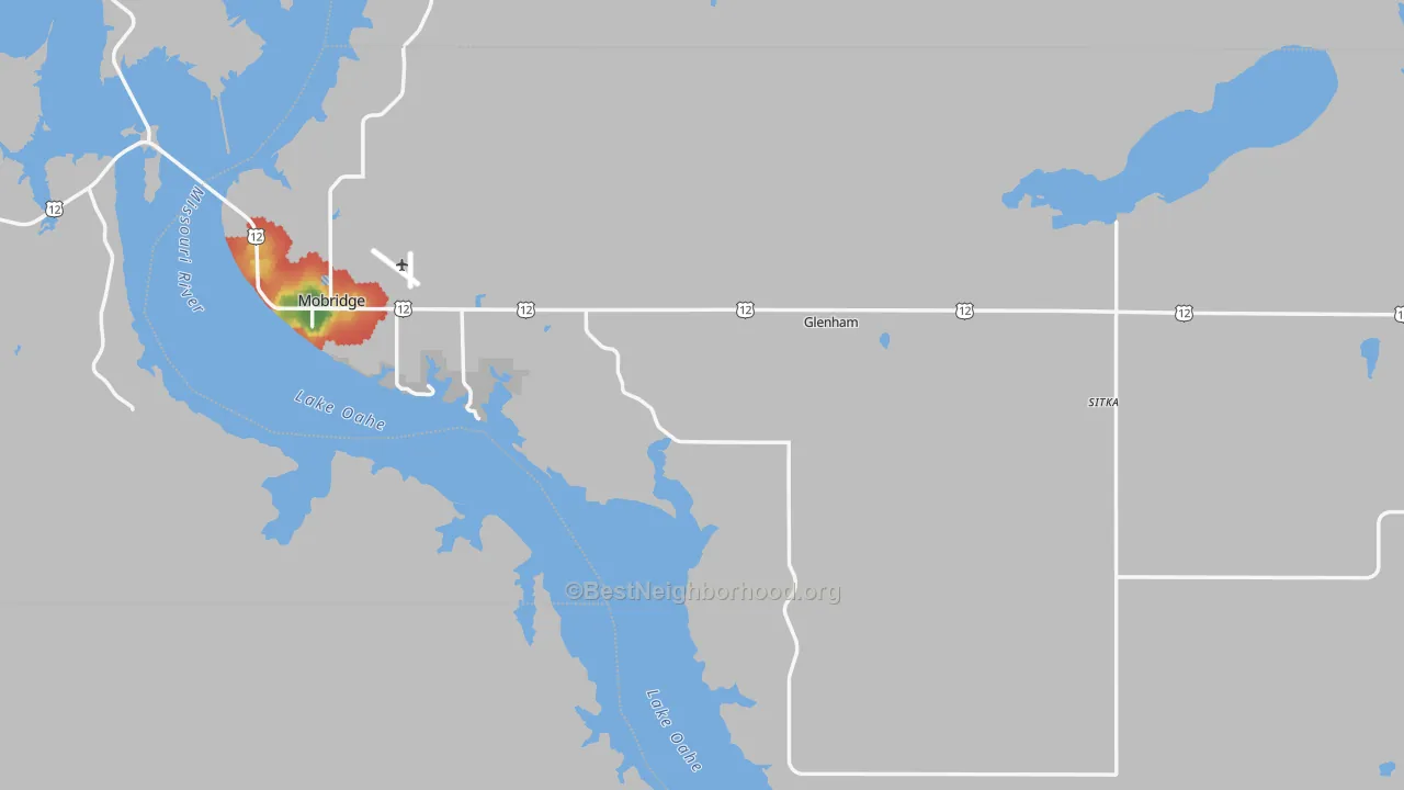 Walk Grade map of Walworth County, SD, walkable areas in green and car-dependent areas in red
