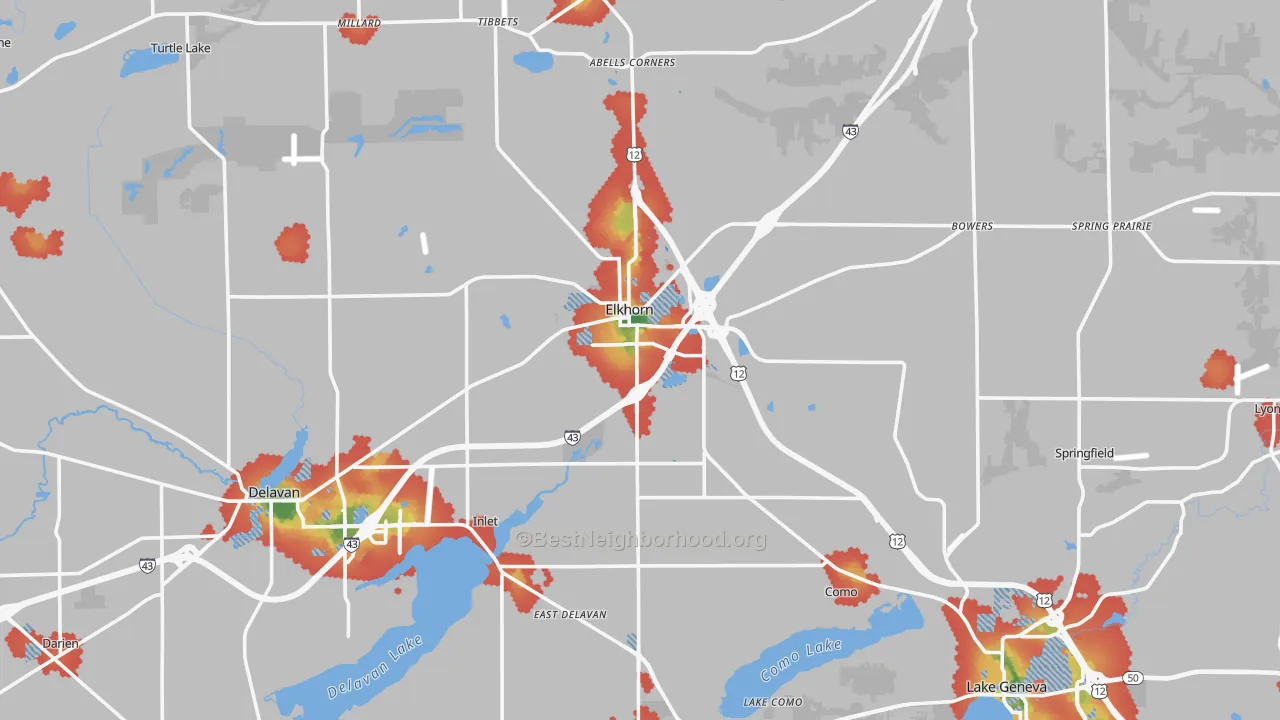 Walk Grade map of Walworth County, WI, walkable areas in green and car-dependent areas in red