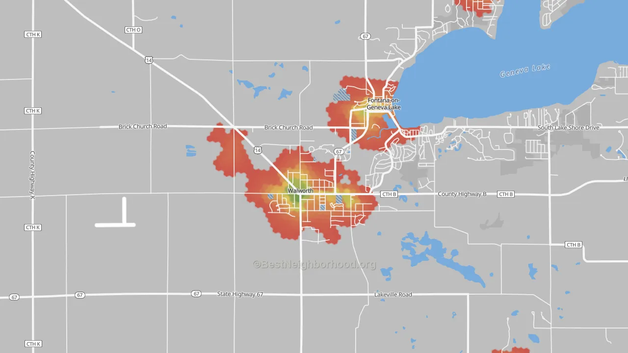 Walk Grade map of Walworth, WI, walkable areas in green and car-dependent areas in red