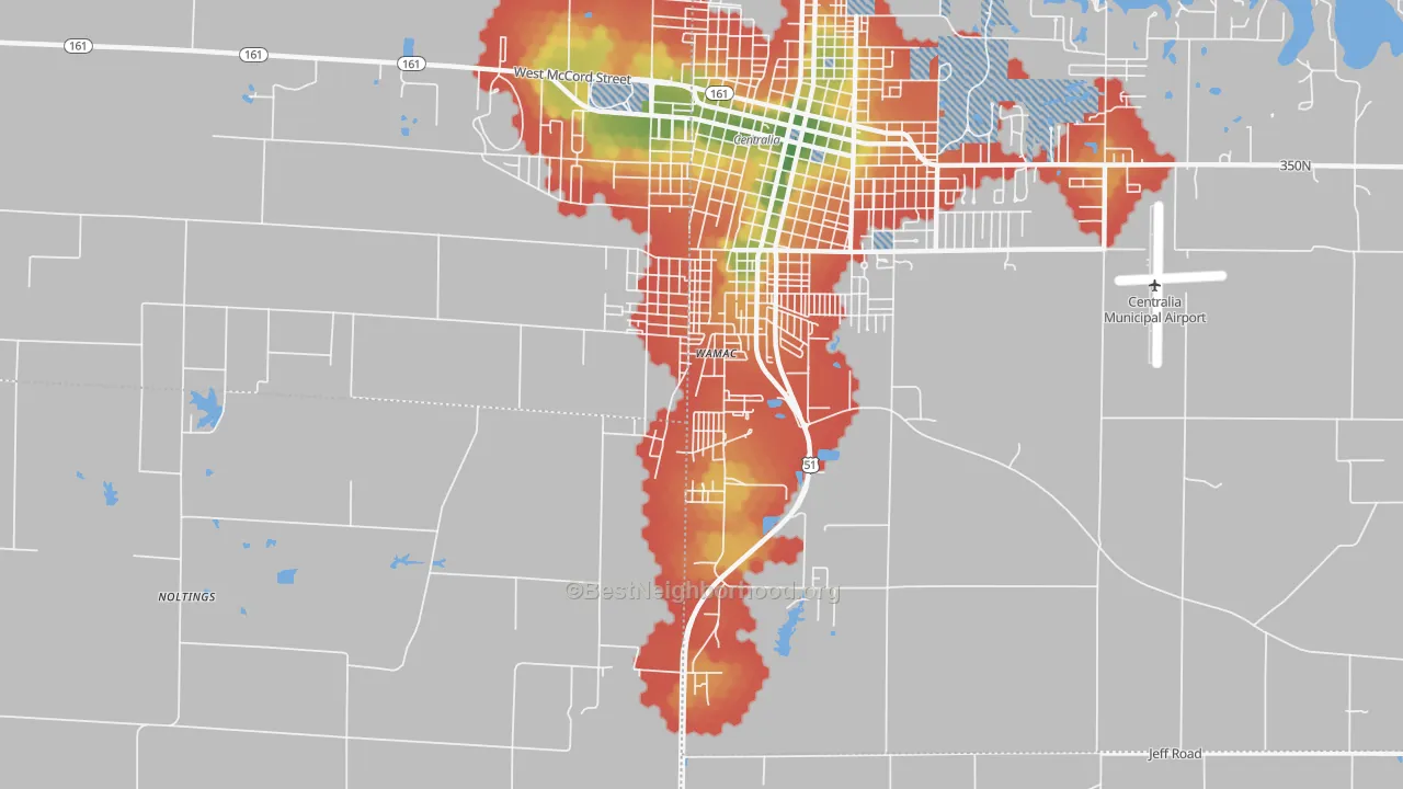 Walk Grade map of Wamac, IL, walkable areas in green and car-dependent areas in red