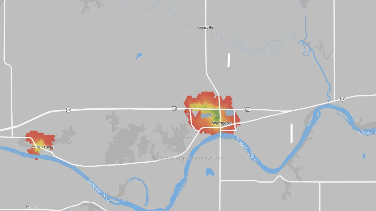 Walk Grade map of Wamego, KS, walkable areas in green and car-dependent areas in red