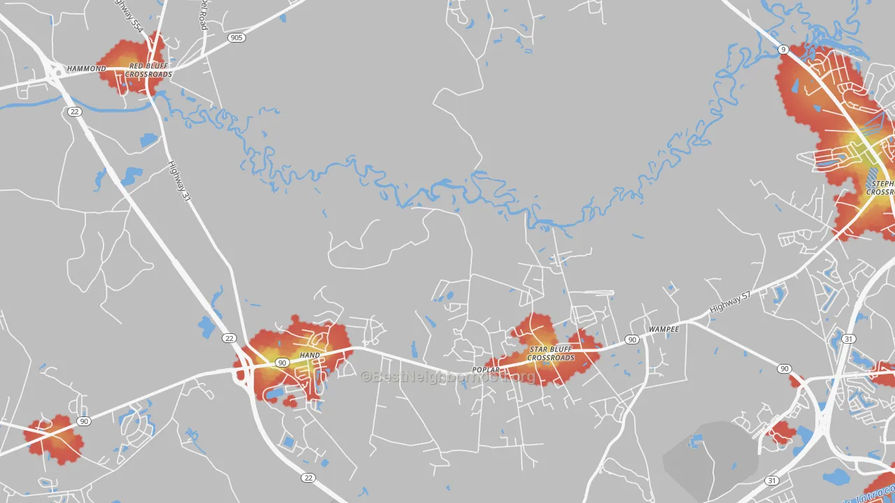 Walk Grade map of Wampee, SC, walkable areas in green and car-dependent areas in red