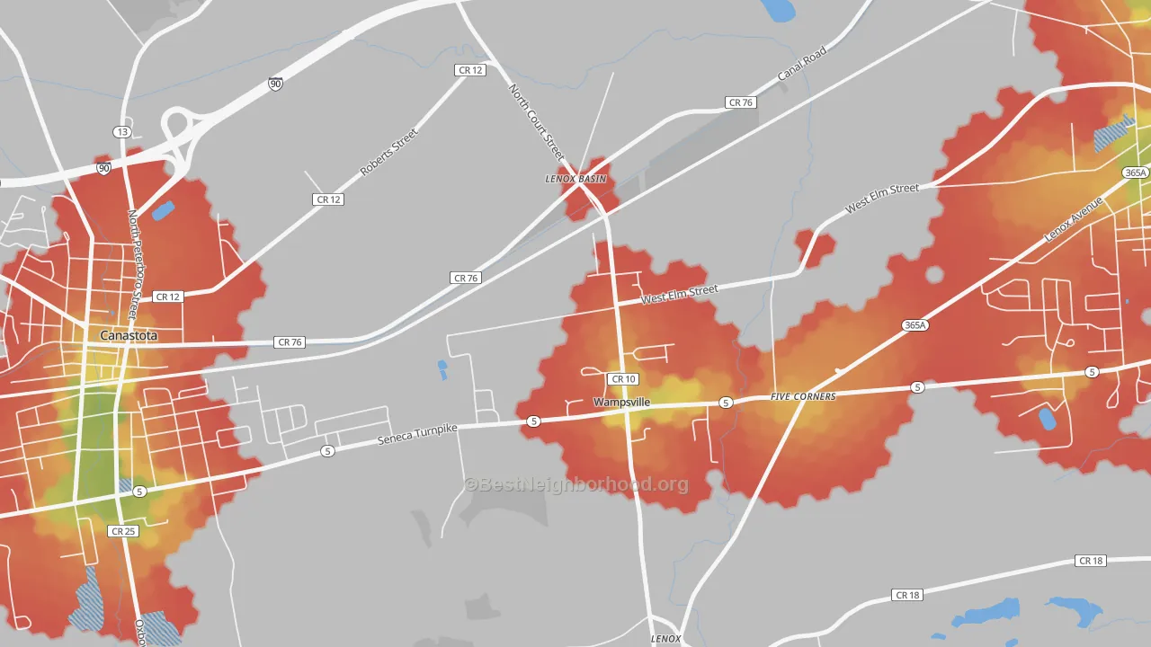 Walk Grade map of Wampsville, NY, walkable areas in green and car-dependent areas in red