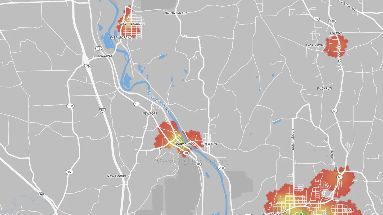 Walk Grade map of Wampum, PA, walkable areas in green and car-dependent areas in red