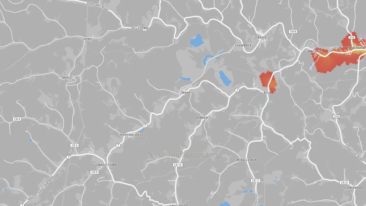 Walk Grade map of Wana, WV, walkable areas in green and car-dependent areas in red