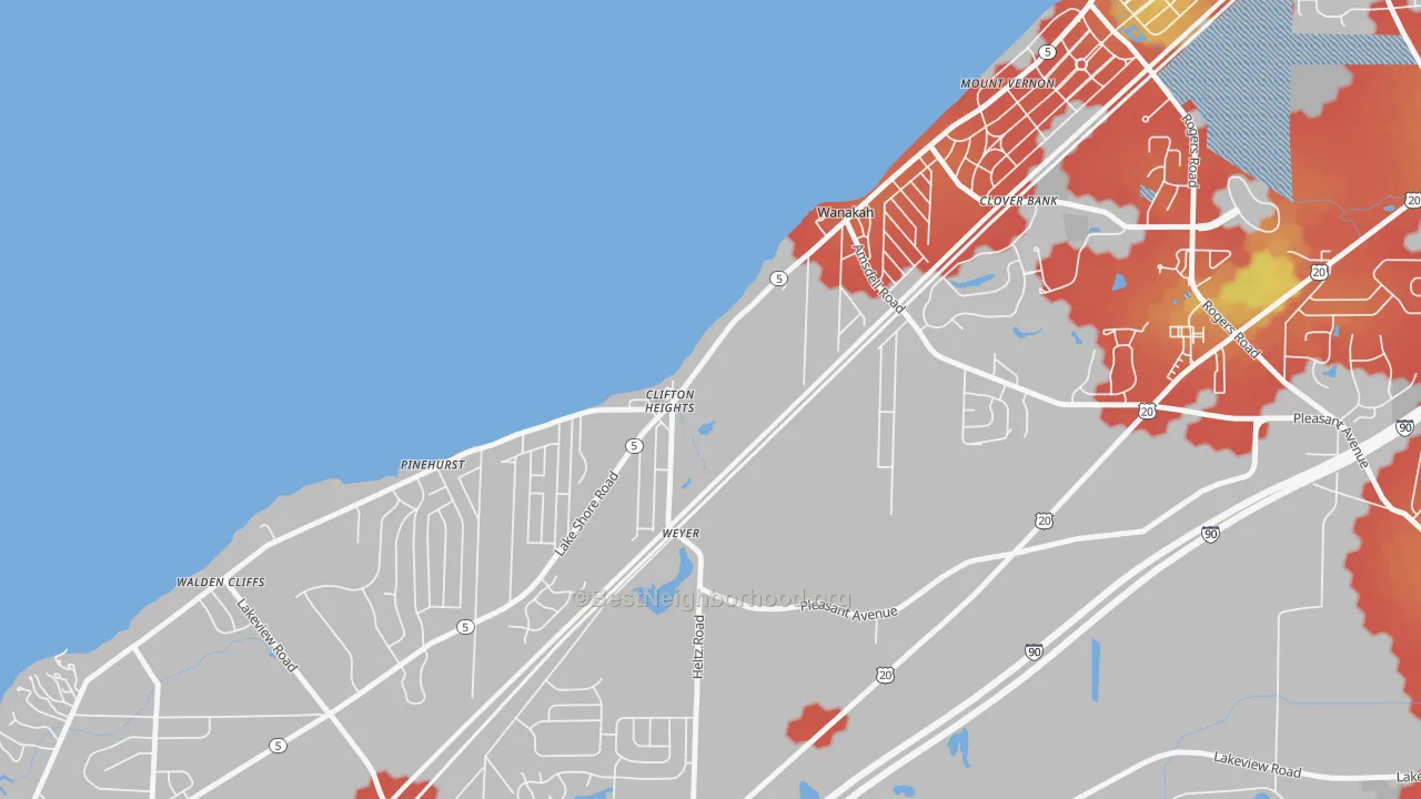 Walk Grade map of Wanakah, NY, walkable areas in green and car-dependent areas in red