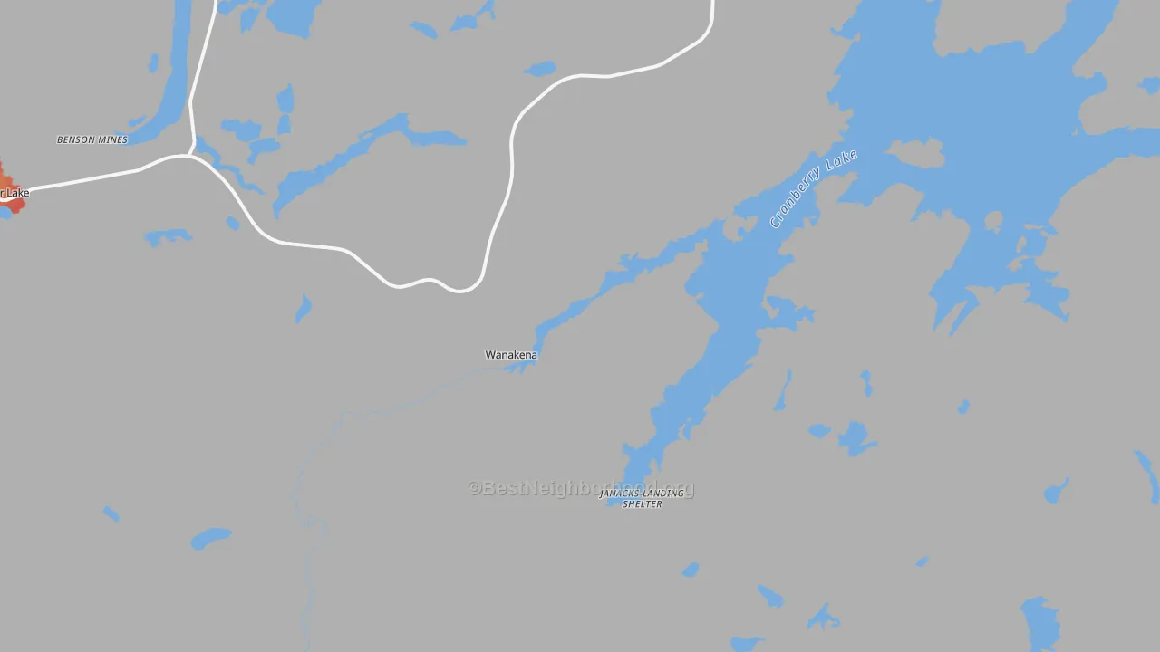 Walk Grade map of Wanakena, NY, walkable areas in green and car-dependent areas in red