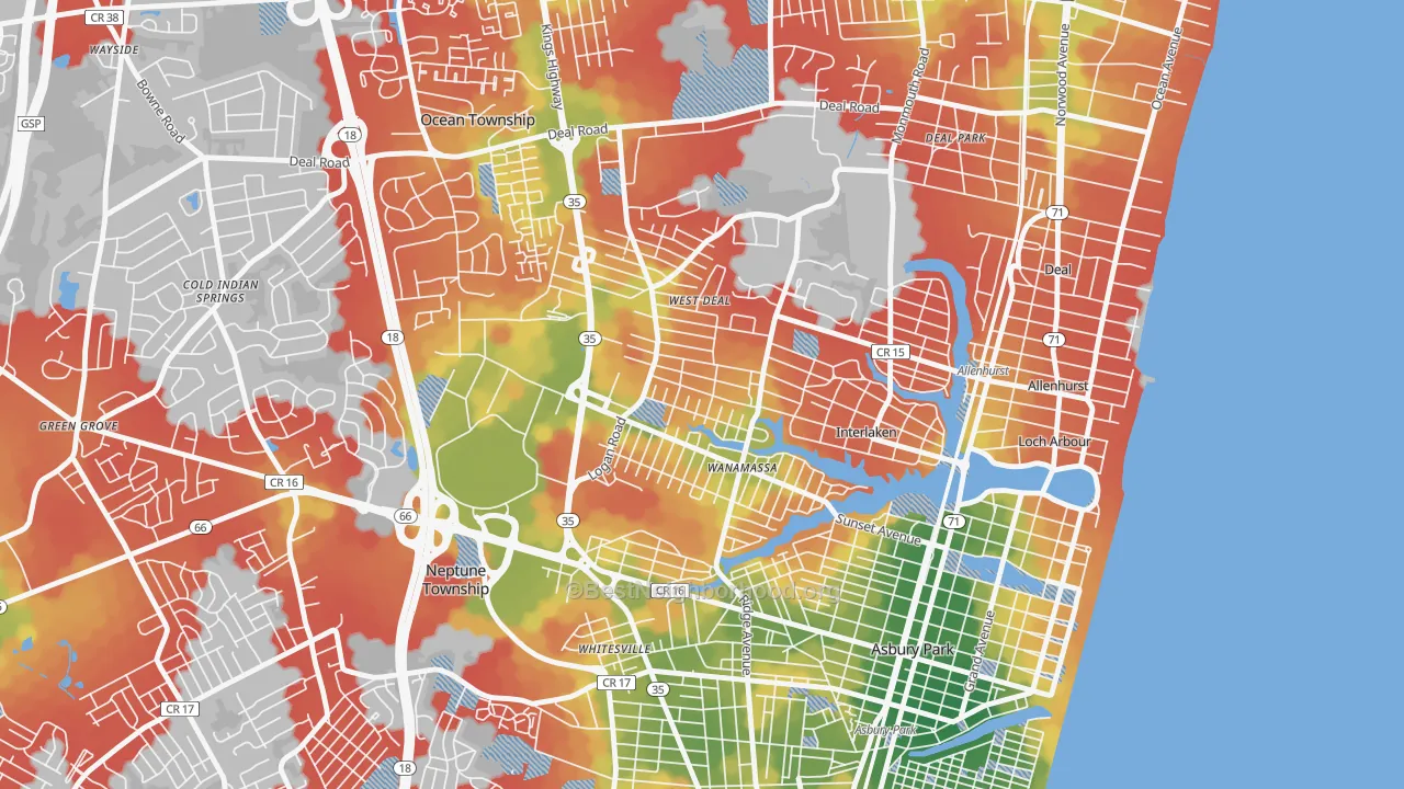 Walk Grade map of Wanamassa, NJ, walkable areas in green and car-dependent areas in red