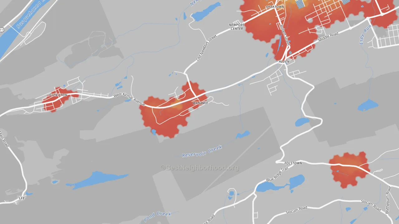 Walk Grade map of Wanamie, PA, walkable areas in green and car-dependent areas in red