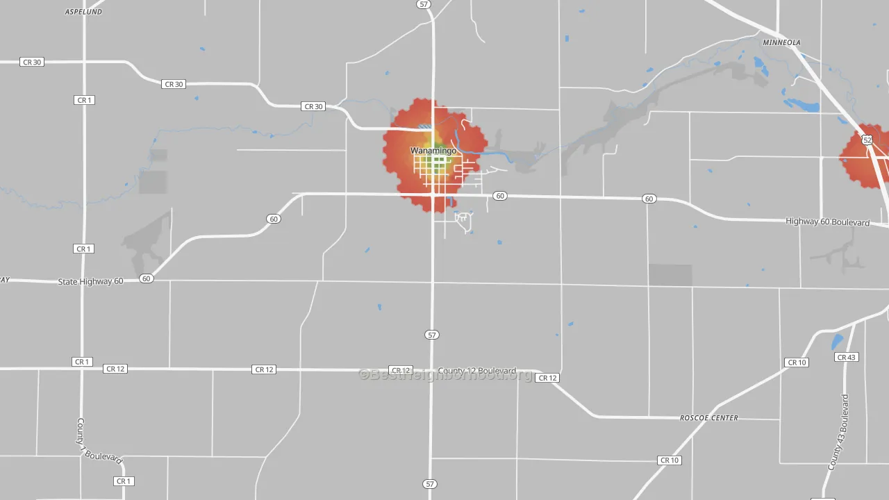 Walk Grade map of Wanamingo, MN, walkable areas in green and car-dependent areas in red