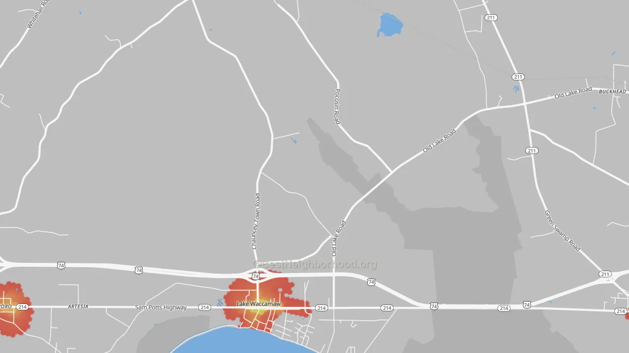 Walk Grade map of Wananish, NC, walkable areas in green and car-dependent areas in red